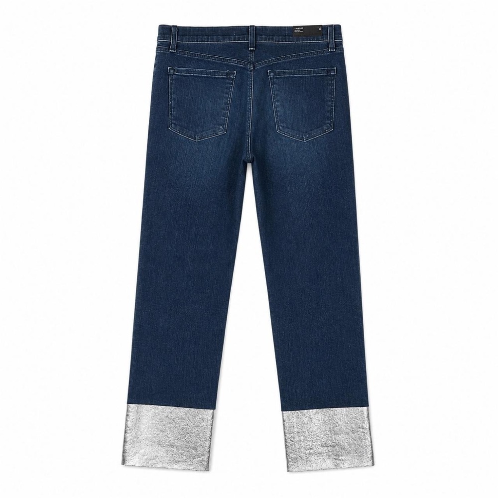J Brand Ruby Silverpool Cuff Jeans 28 NWT Metallic Hem Slim Straight Blue Denim